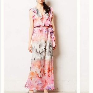 Anthropologie HD in Paris Easel Floral Ruffle Flutter Maxi Dress 0